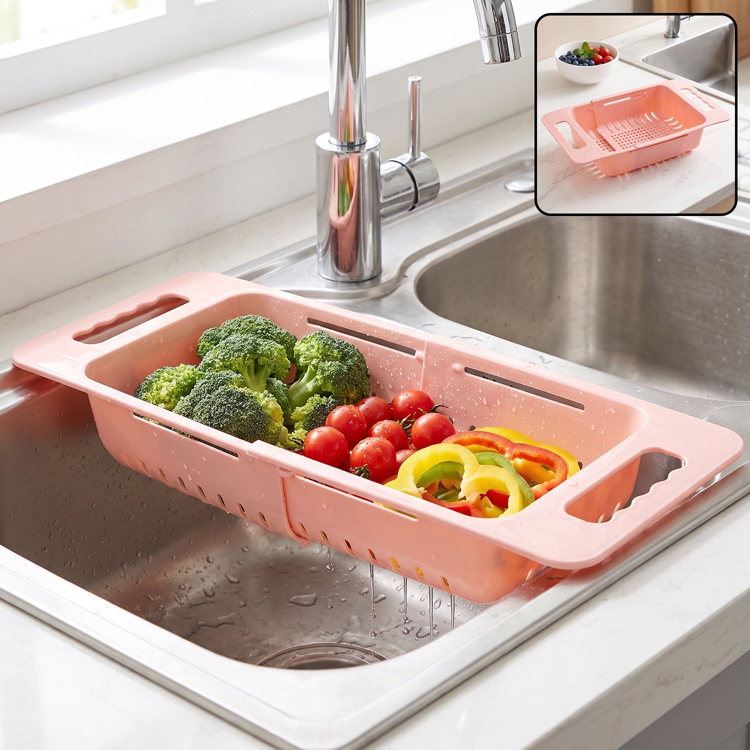 Wukusy adjustable plastic over-the-sink drain basket colander with handles, used for rinsing and draining food or utensils.