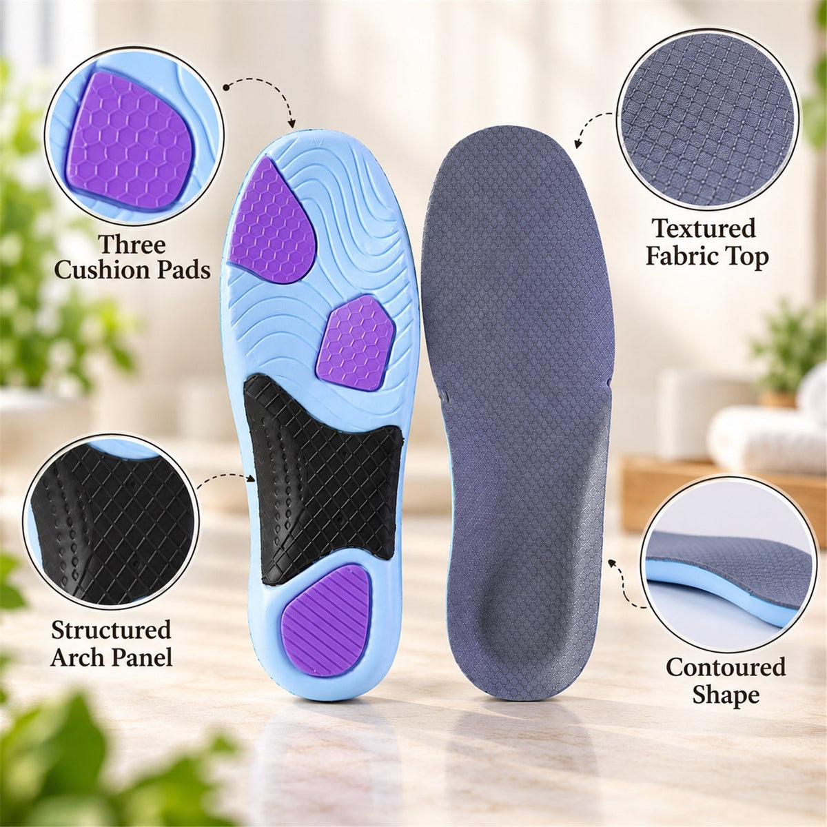Pair of Wukusy cushioned arch support shoe insoles in size 43-44, featuring comfortable cushioning and supportive design.