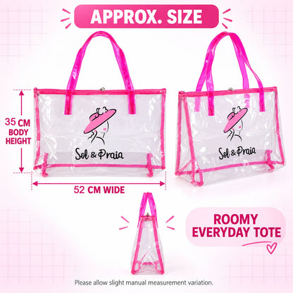 Transparent PVC tote bag with top zipper and handles, measuring 35x52 cm, ideal for travel by Wukusy.