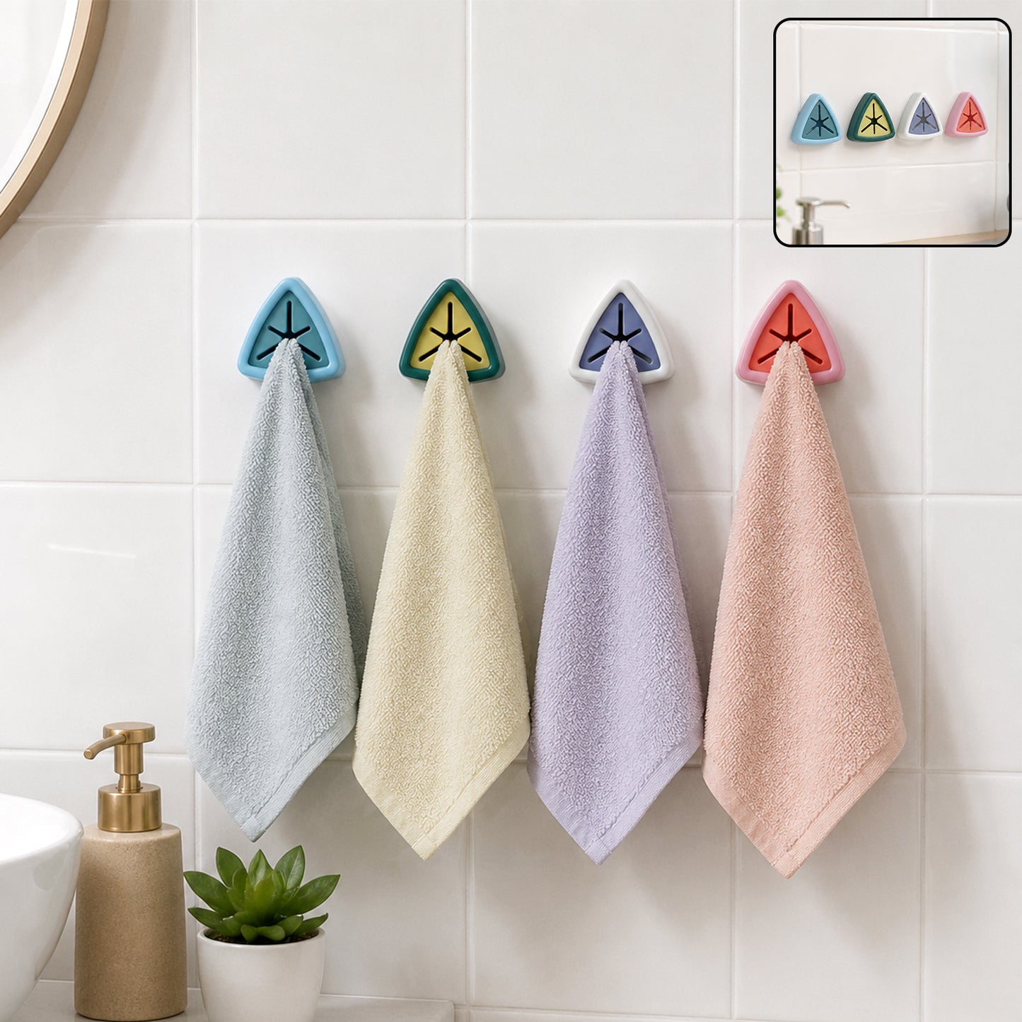 4-pc Self-adhesive Push Grip Towel Holders - Drill-free Install