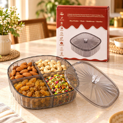 Wukusy dry fruit storage box with four compartments and lid, ideal for nuts and snacks, made of clear plastic for easy viewing.