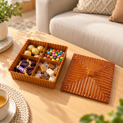 Wukusy multipurpose dry fruit snack storage box with ribbed lid, featuring four compartments for organized dry fruit and snack storage