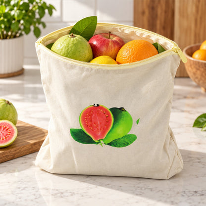 Reusable cotton fruit and vegetable storage bag with zipper, 29x28.5 cm, by Wukusy, showcasing the breathable fabric and zipper closure.