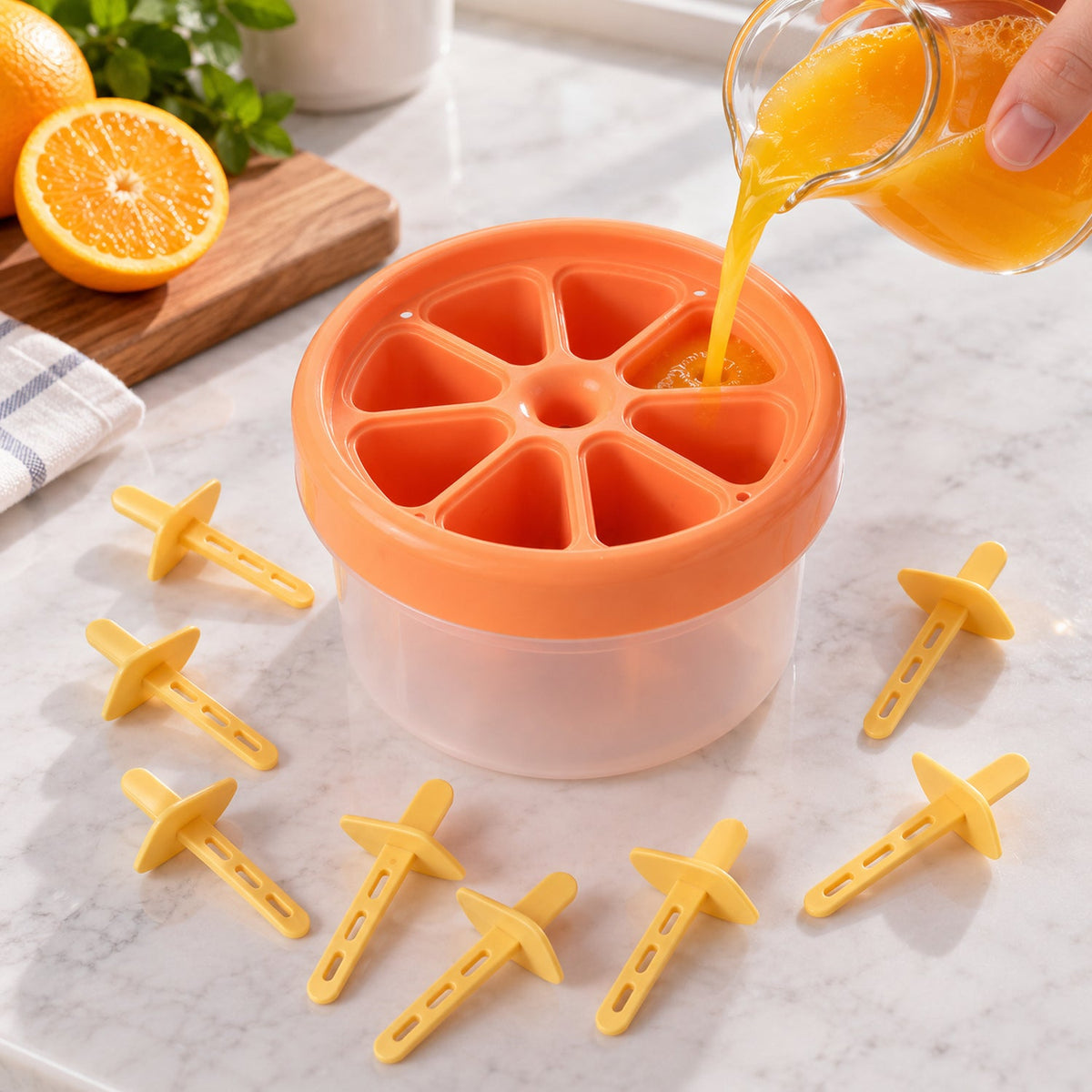 Wukusy plastic round ice cream candy mold with reusable sticks for making frozen pops, featuring eight molds on a tray.