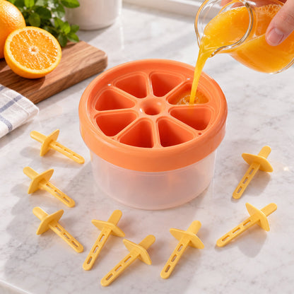 Wukusy plastic round ice cream candy mold with reusable sticks for making frozen pops, featuring eight molds on a tray.