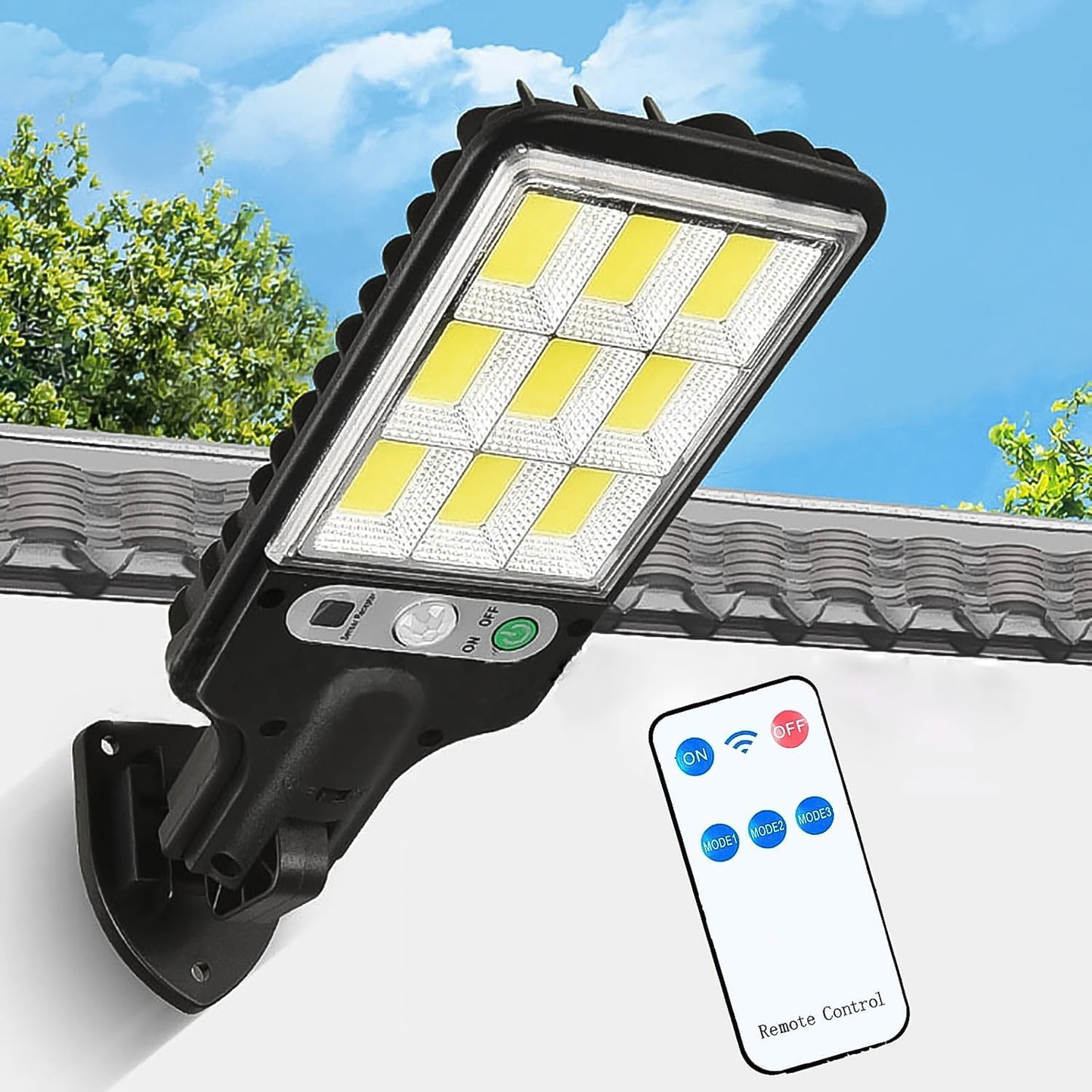 Wukusy high-power solar LED street light with motion sensor and remote control mounted on a street pole at night.