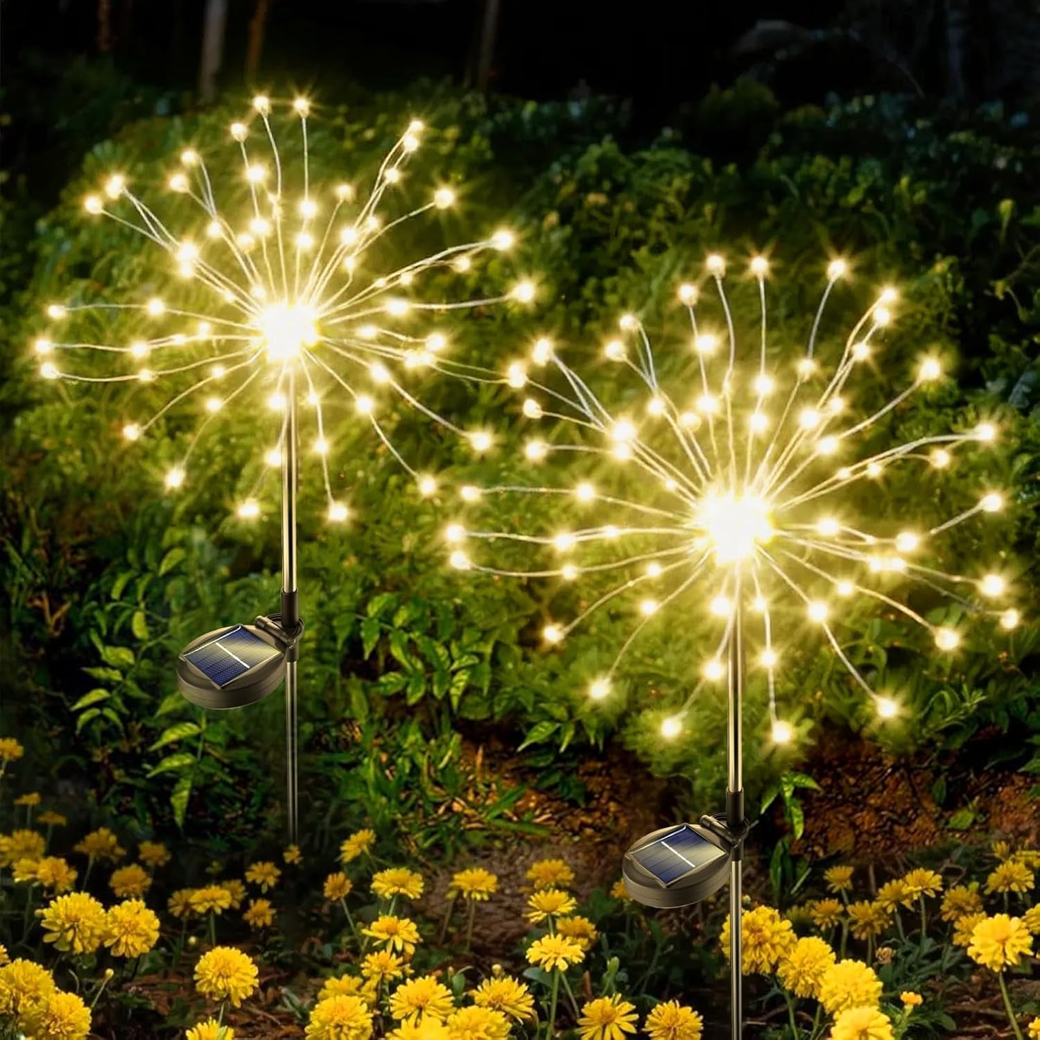 Wukusy solar-powered warm white starburst firework garden lights, 2-pack with 120 LED bulbs illuminating outdoor space at night