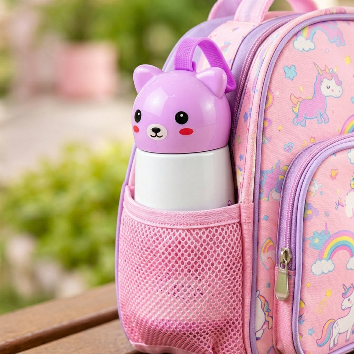 Wukusy 220ml mini vacuum water bottle with bunny cap and carry strap