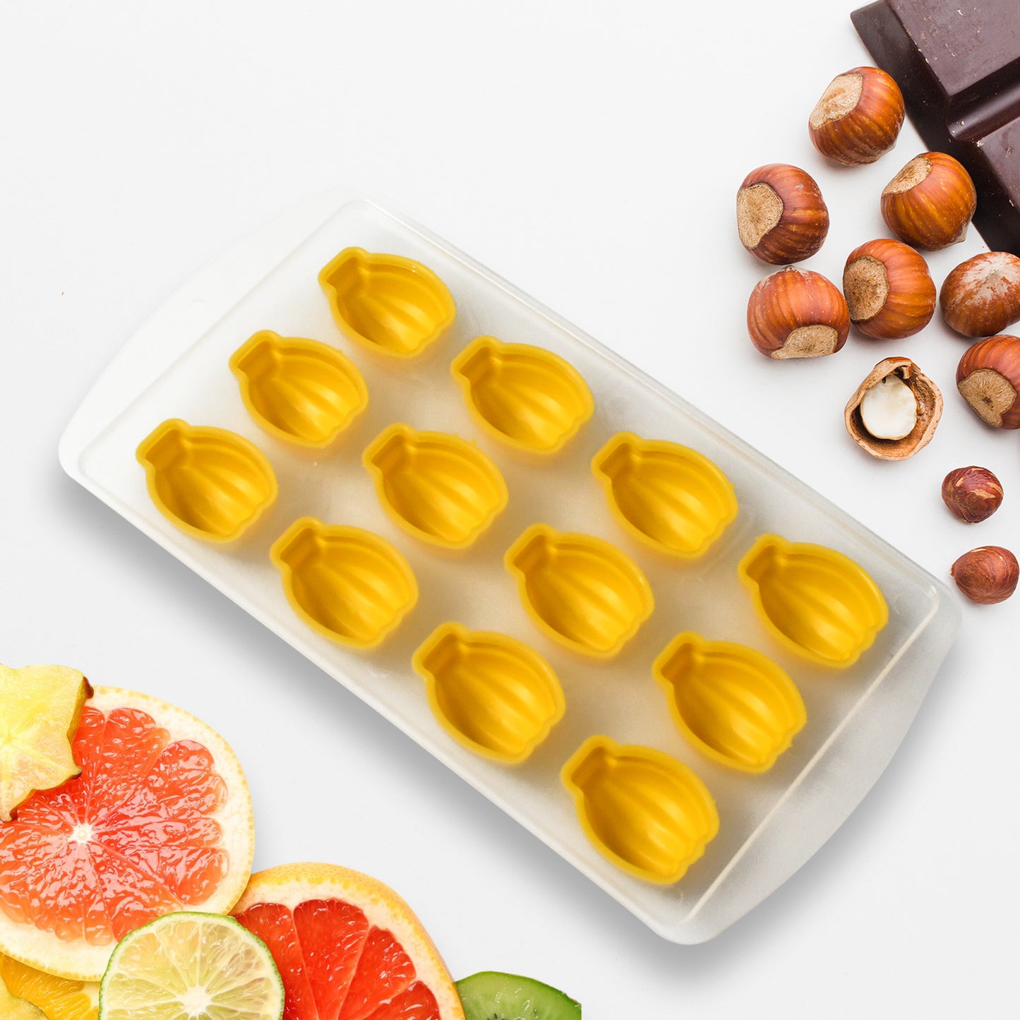 Wukusy silicone ice cube tray with colorful fruit-shaped molds for creative, multi-type ice cubes and cold treats.