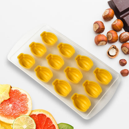 Wukusy silicone ice cube tray with colorful fruit-shaped molds for creative, multi-type ice cubes and cold treats.