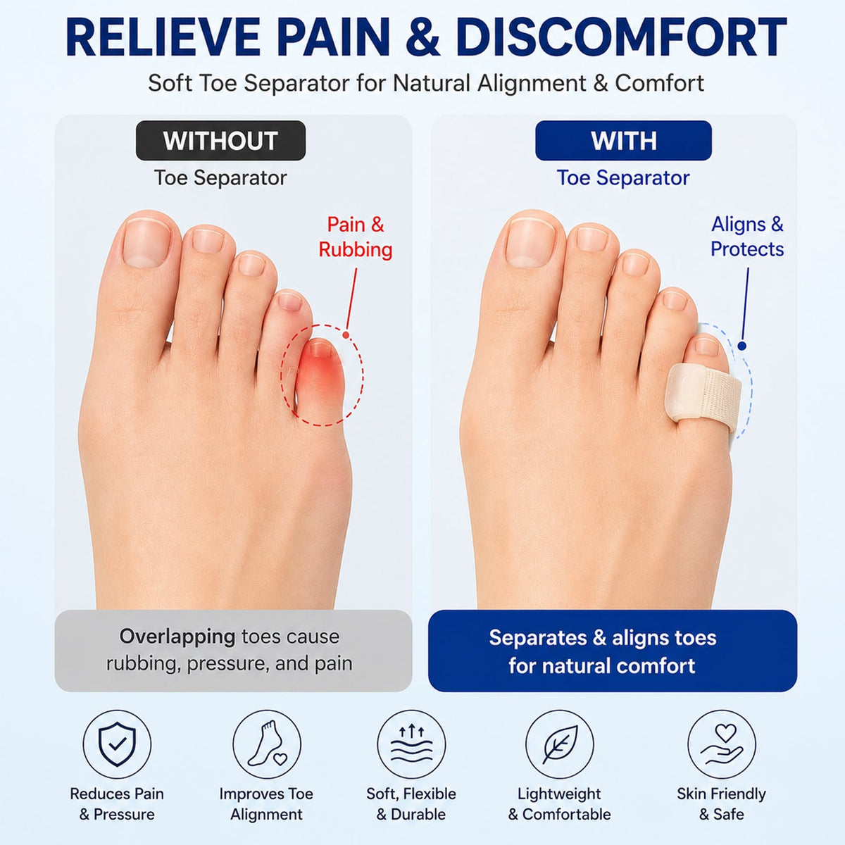 Wukusy small big toe spacer support brace with elastic loop, designed for daily comfort, shown in a pair with adjustable fit.