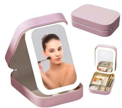 Dropdash portable LED makeup mirror box with 3-color light, compact design for fitness and wellness use.