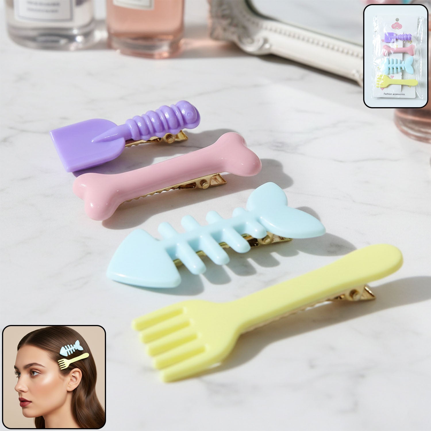 Set of four cute food-shaped hair clips by Wukusy, featuring playful designs inspired by different food items.