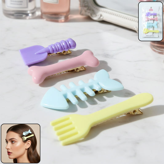 Set of four cute food-shaped hair clips by Wukusy, featuring playful designs inspired by different food items.