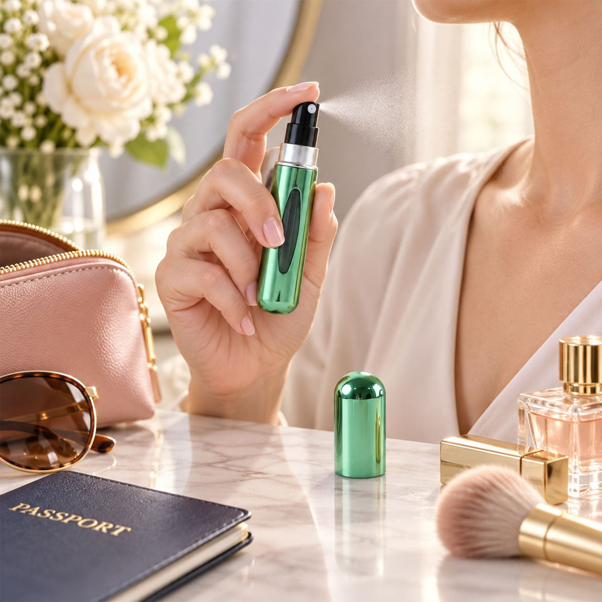 Set of four Wukusy mini refillable perfume spray bottles with refill valves for travel and convenience.