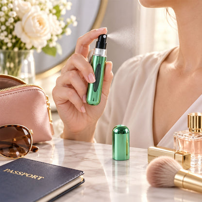 Set of four Wukusy mini refillable perfume spray bottles with refill valves for travel and convenience.