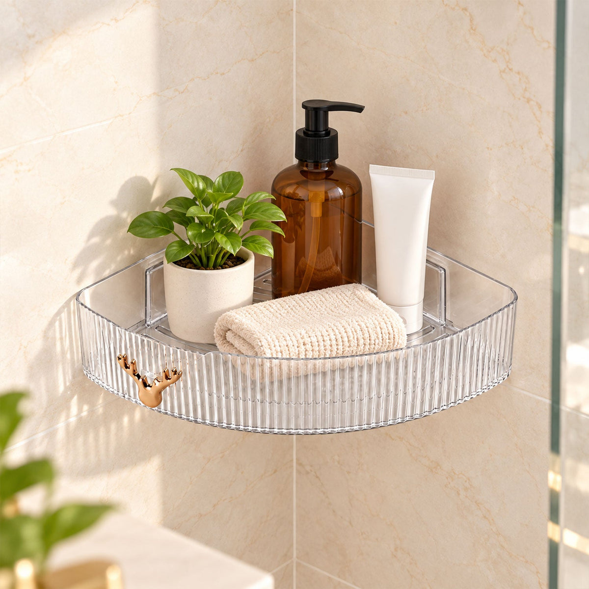 Wukusy Apex transparent corner rack with adhesive mounts for bathroom storage, wall-mounted bathroom shelf shown in image.
