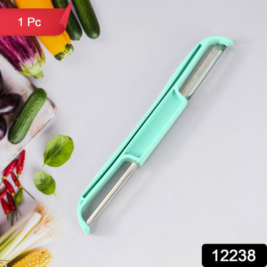 Wukusy double-sided stainless steel potato peeler with ergonomic handle, ideal for peeling and cutting potatoes in the kitchen.
