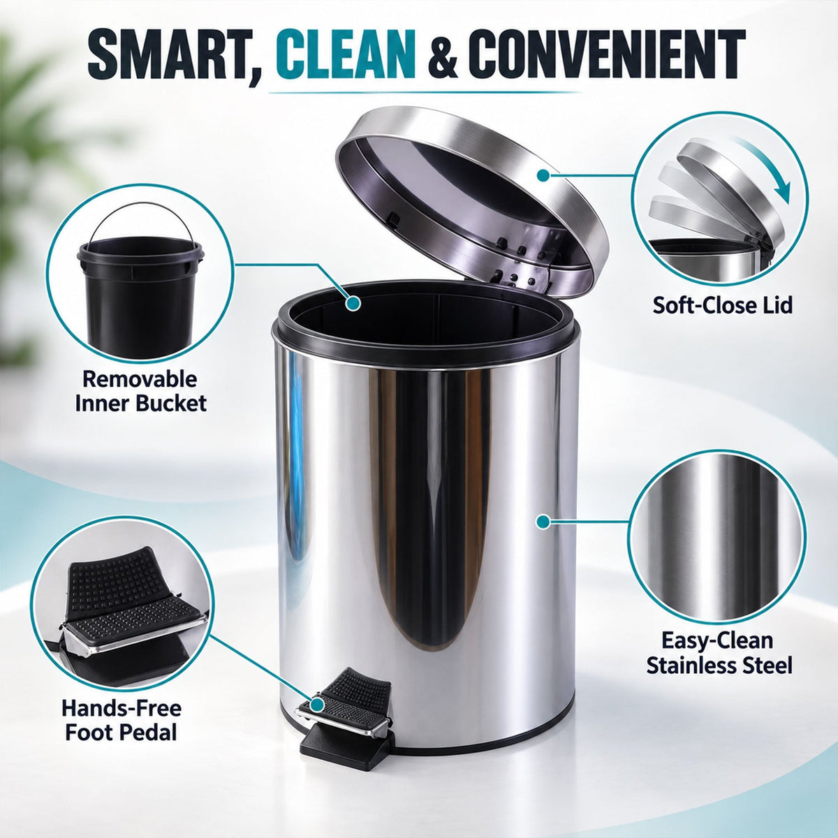 Stainless Steel Hands-free Pedal Dustbin With Inner Bucket (8 Litre)