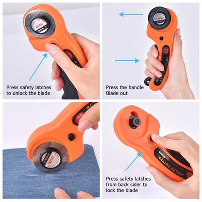 Wukusy 9048 manual sewing roller cutter with rotary blade for fabric cutting, hardware tool for precise sewing projects.