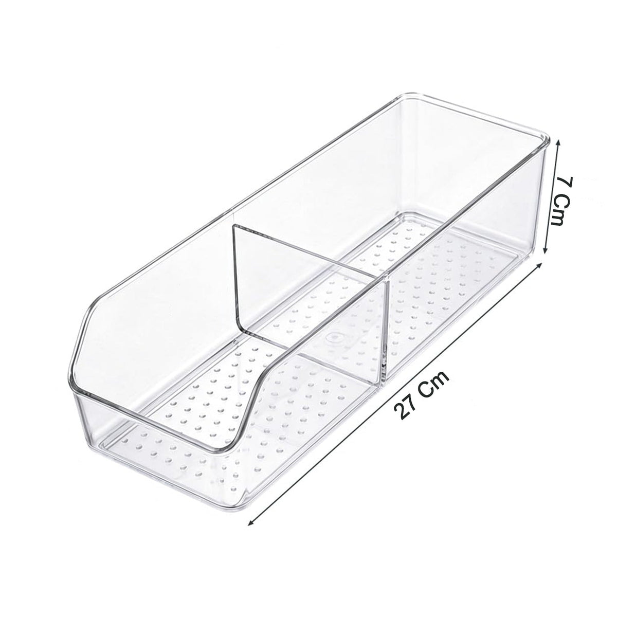 Clear plastic storage organizer box with dividers for kitchen, featuring multiple compartments for easy organization.