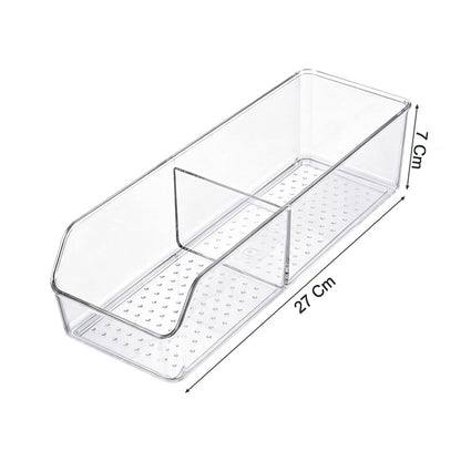 Clear plastic storage organizer box with dividers for kitchen, featuring multiple compartments for easy organization.