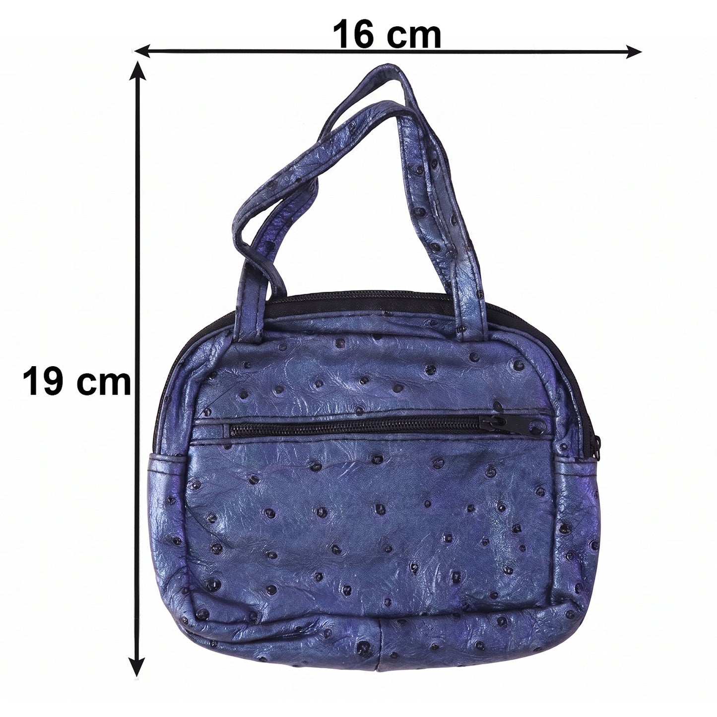 Metallic blue ostrich pattern mini zipper handbag for women by Wukusy, showing the textured surface and compact design.