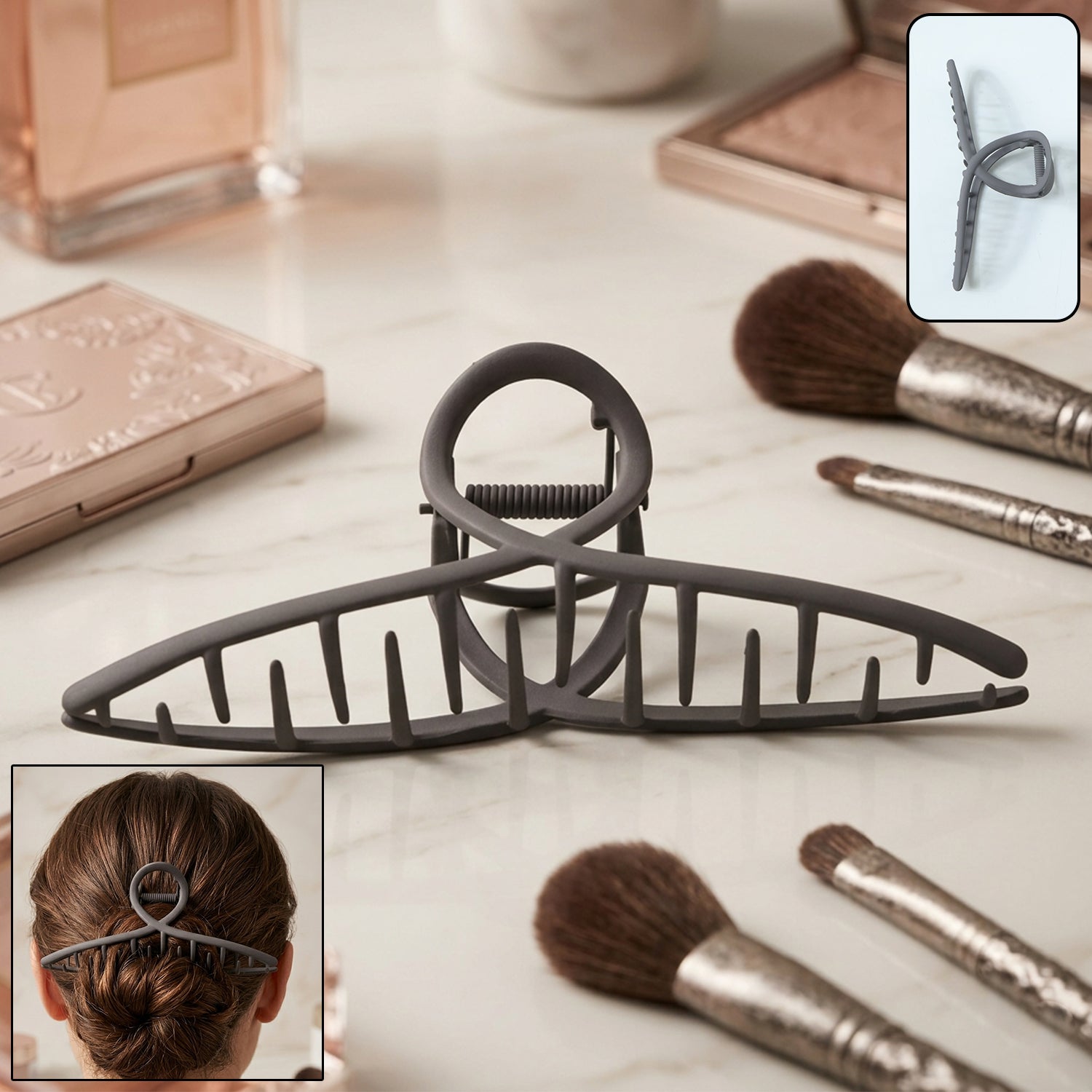 Wukusy large hair claw clip with strong grip, shown holding thick hair in a natural style, durable plastic design