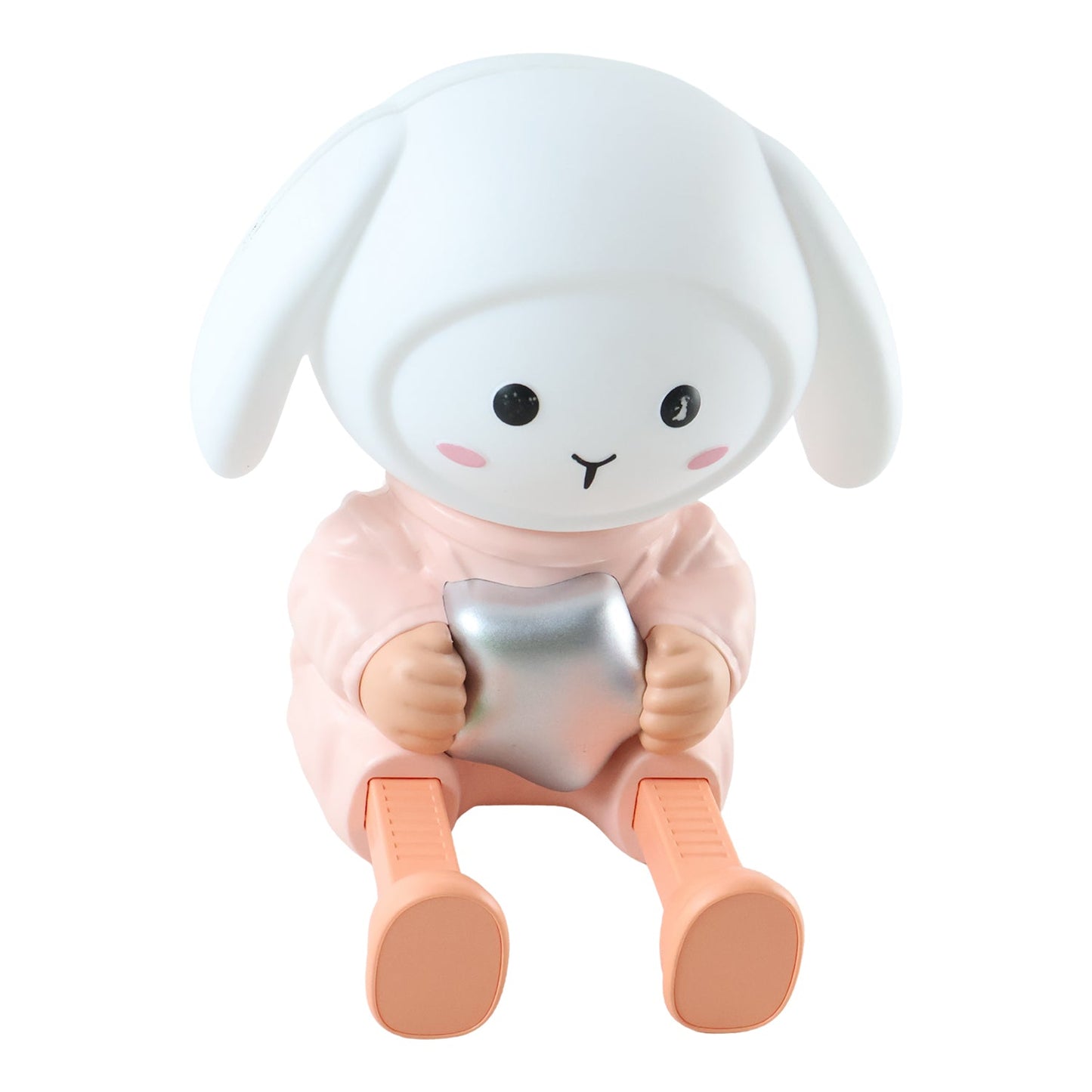 Wukusy rabbit LED night light with mobile phone stand on bedroom or study table, providing soft illumination and convenient device support