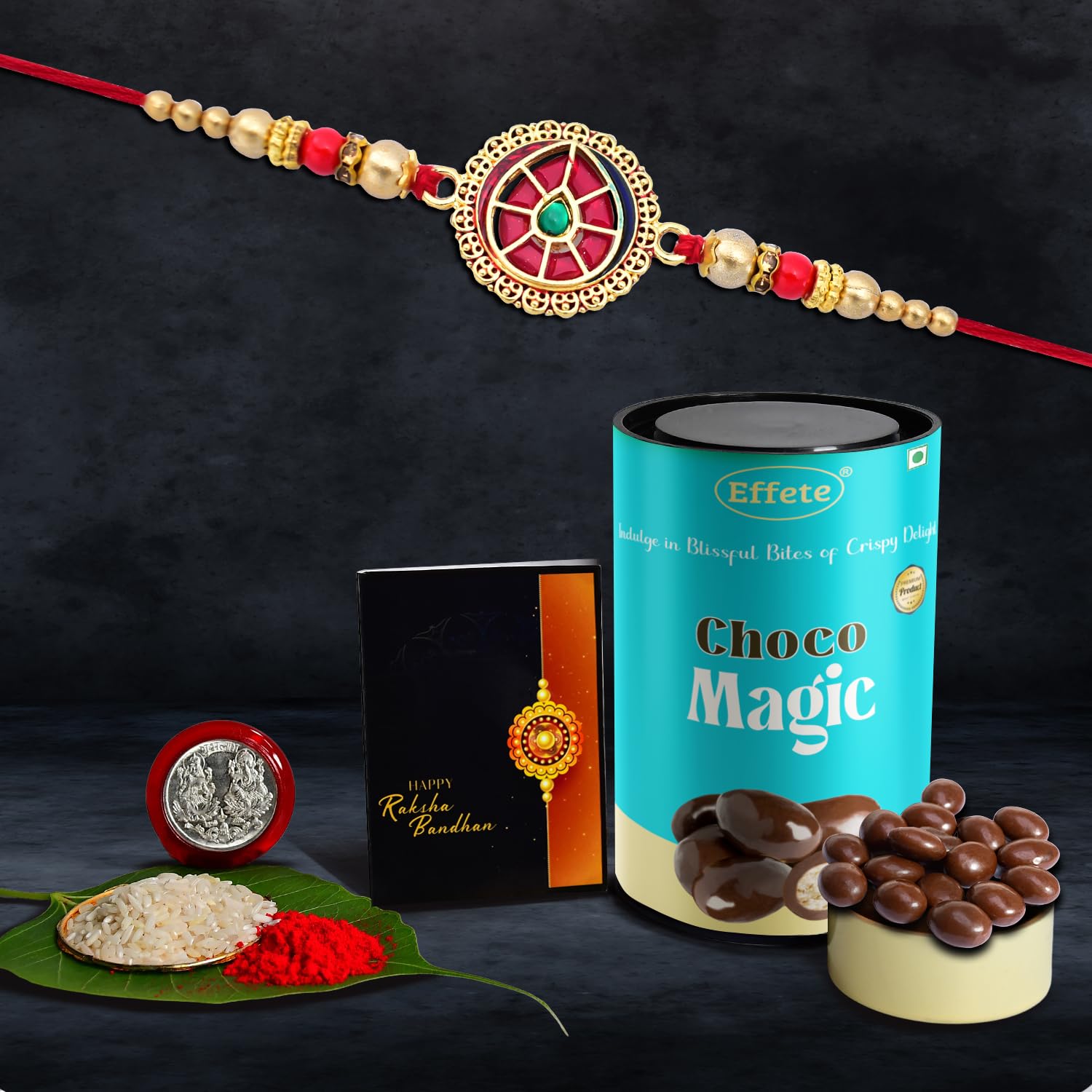 Wukusy Chocolate Magic Rakhi for brother with decorative chocolate design, set of 1, featuring colorful embellishments.