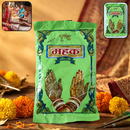 Traditional herbal Mehndi powder in an 80 gram pack by Wukusy, shown in a close-up image highlighting its fine green henna texture.