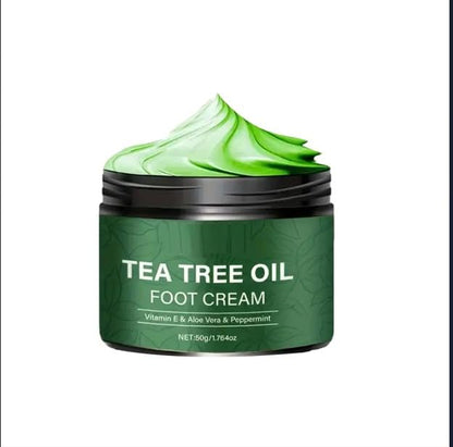 Drpshippr Tea Tree Oil Foot Cream tube with natural ingredients, designed to soothe and moisturize dry, tired feet.