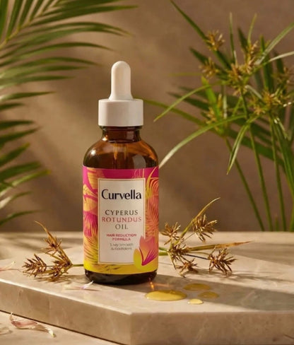 Dropdash Curvella Cyperus Rotundus Oil bottle, natural wellness product for relaxation and holistic health, in clear view.