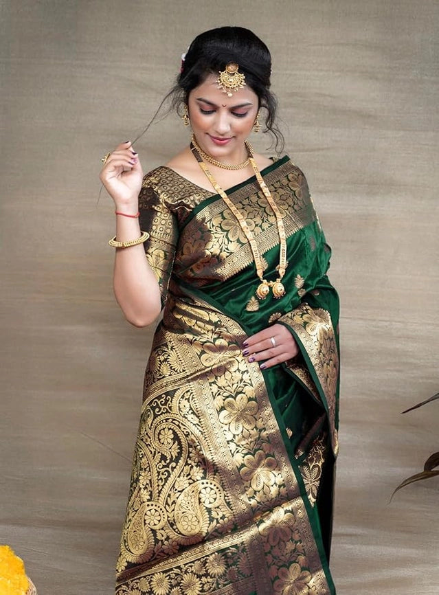 Green Banarasi Silk woven design saree for women with intricate patterns, 6.3 meters in length, stylish and traditional.