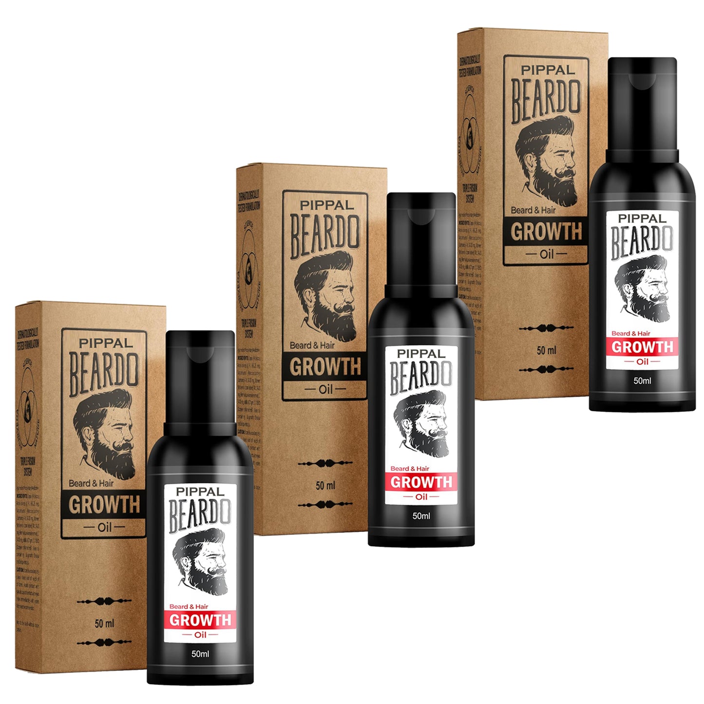 Beardo Hair Growth Oil 50ml bottle, natural beard oil for stronger, fuller beard hair, 3-pack of 50ml bottles.