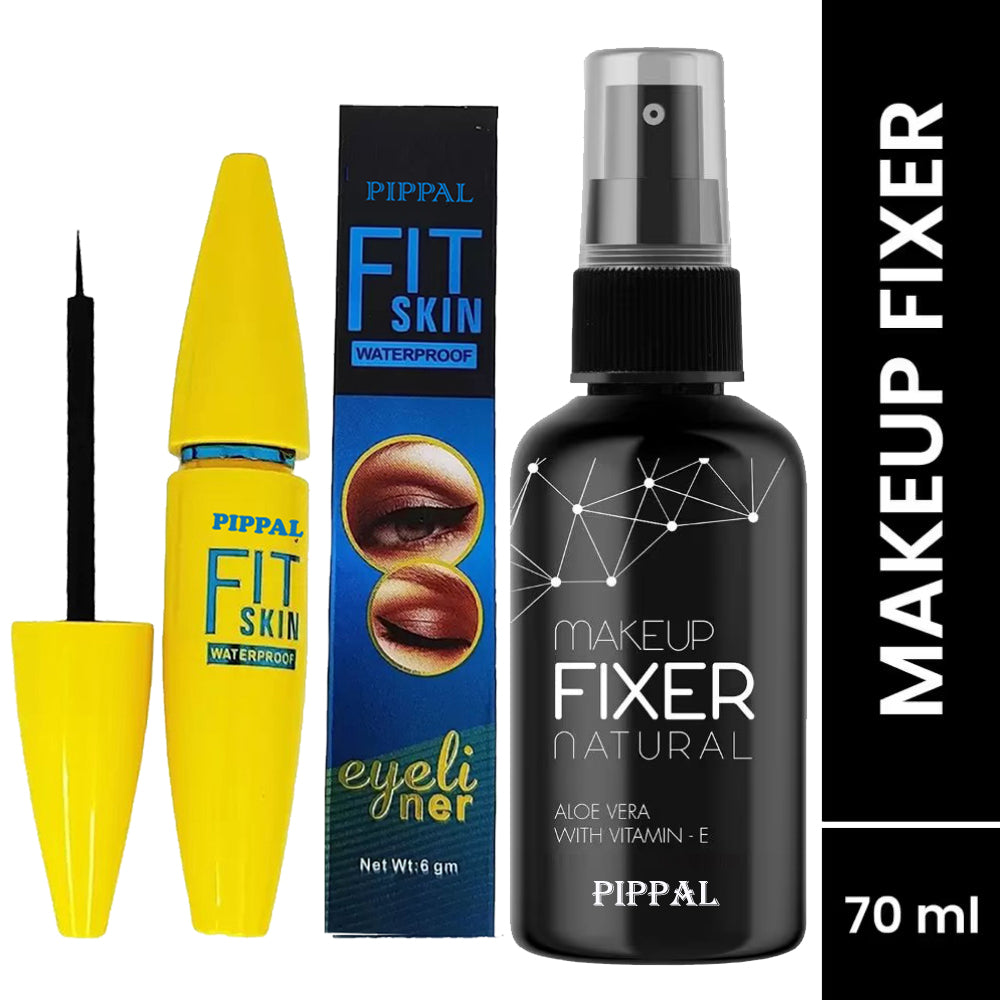 Pippal Beauty Makeup Fixer spray with Vitamin E and Aloe Vera, 80ml, hydrating dewy finish, includes Fit Skin Supar Black Eyeliner.