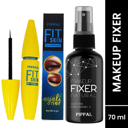 Pippal Beauty Makeup Fixer spray with Vitamin E and Aloe Vera, 80ml, hydrating dewy finish, includes Fit Skin Supar Black Eyeliner.