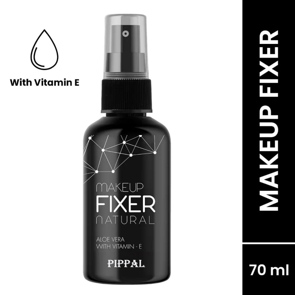 Pippal Beauty Makeup Fixer spray with Vitamin E and Aloe Vera, 80ml, shown alongside Fit Skin Supar Black Eyeliner.