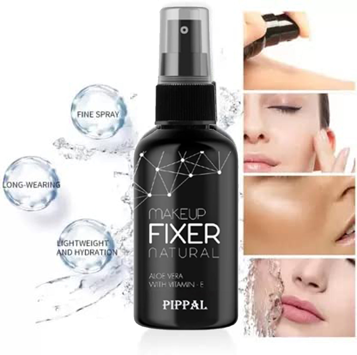 Pippal Beauty Makeup Fixer spray with Vitamin E and Aloe Vera, 80ml, alongside Fit Skin Supar black eyeliner, hydrating and refreshing.