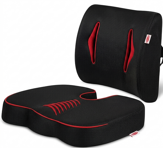 Orthopedic memory foam coccyx seat cushion for comfort and support, shown on a chair in a home decor setting.