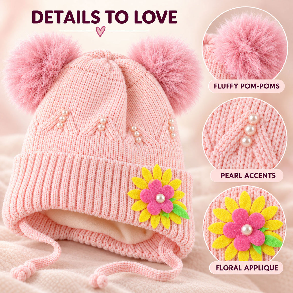 Kids Soft Knitted Winter Caps With Twin Pom Poms And Floral Detail (1 Pc)
