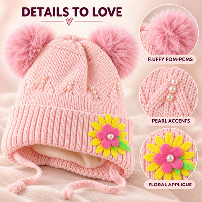 Kids Soft Knitted Winter Caps With Twin Pom Poms And Floral Detail (1 Pc)