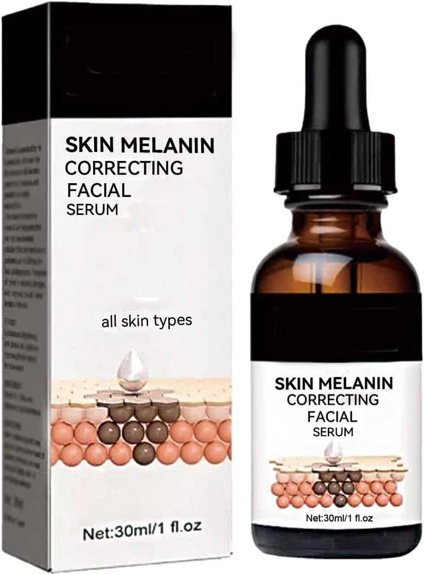 Dropdash Melanin Correcting Facial Serum 50ML bottle with dropper, featuring sleek packaging and clear liquid inside.