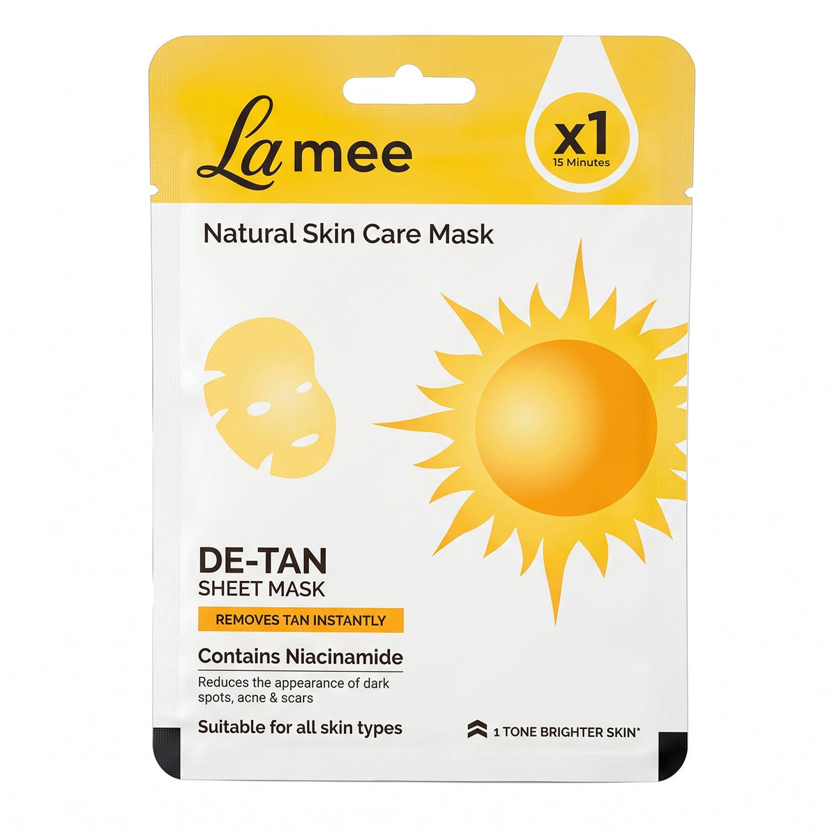 Wukusy De Tan facial sheet mask with niacinamide for hydrating skin care, showing the mask sheet on a clean, smooth face.