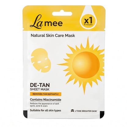 Wukusy De Tan facial sheet mask with niacinamide for hydrating skin care, showing the mask sheet on a clean, smooth face.