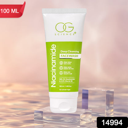 Wukusy Og Beauty Niacinamide Deep Cleansing Facewash in 100ml bottle, with gentle foaming and skincare benefits visible in the image.