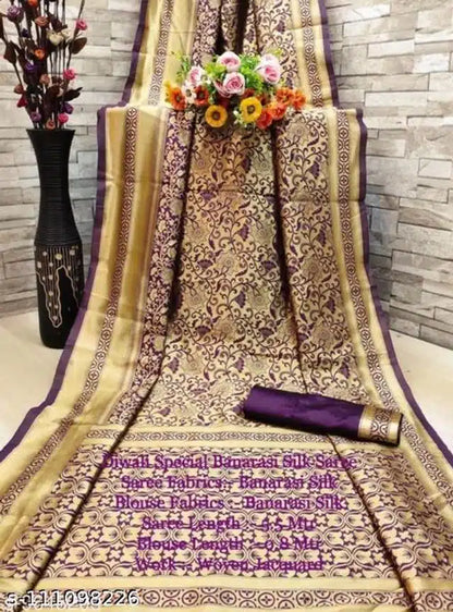 Golden and purple Banarasi silk saree with matching blouse for women, showcasing intricate traditional craftsmanship.