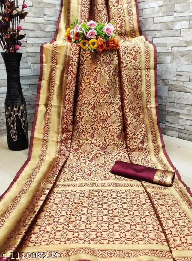 Golden and purple Banarasi silk saree with blouse for women, featuring intricate designs and luxurious fabric, 6.3 meters long