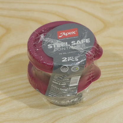 Two Wukusy Apex stainless steel food containers with lids, 70 ml capacity, ideal for snacks and dips, shown with lids on.