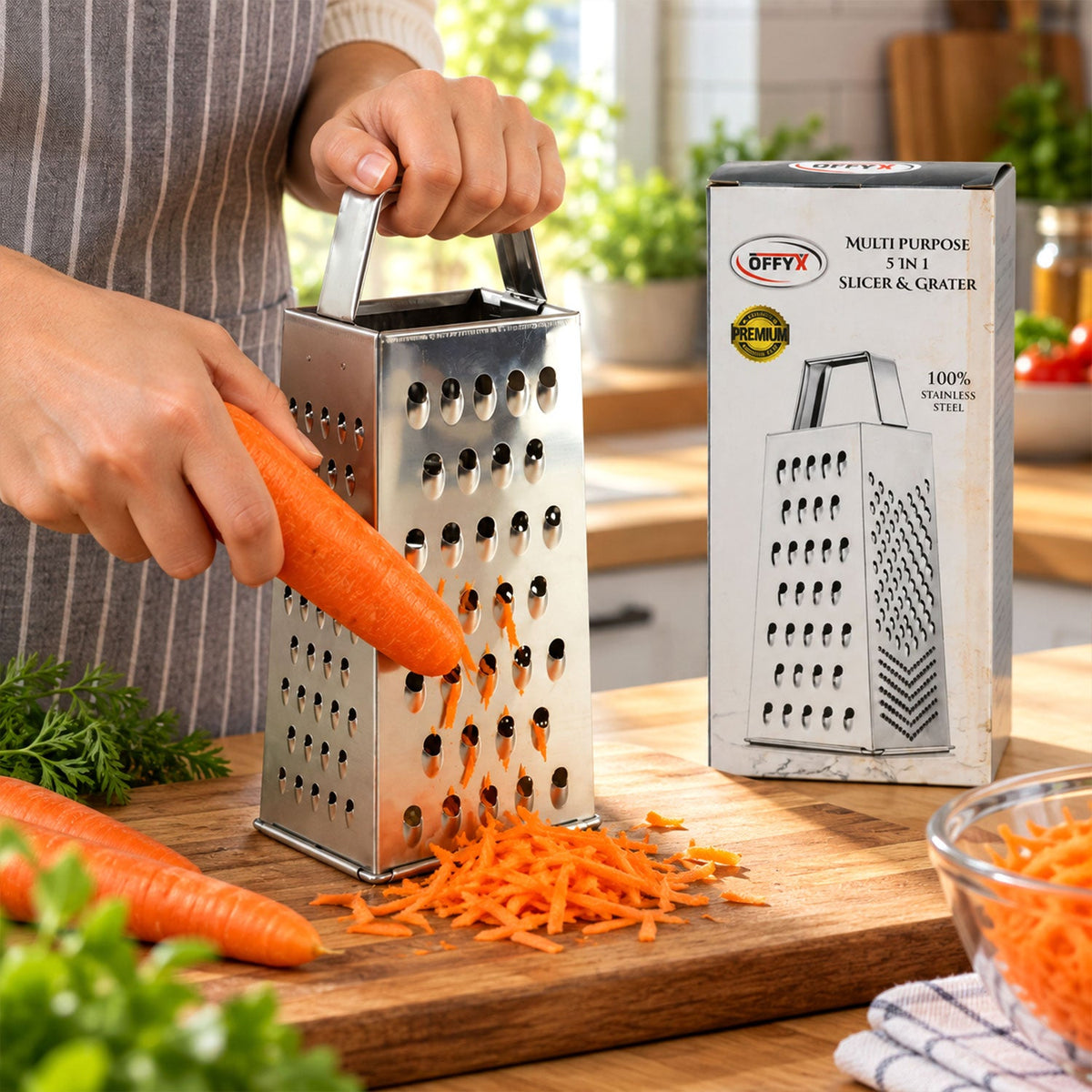 Wukusy 5-in-1 steel box grater and vegetable slicer for cheese shredding and kitchen food prep, with multiple grating and slicing surfaces.